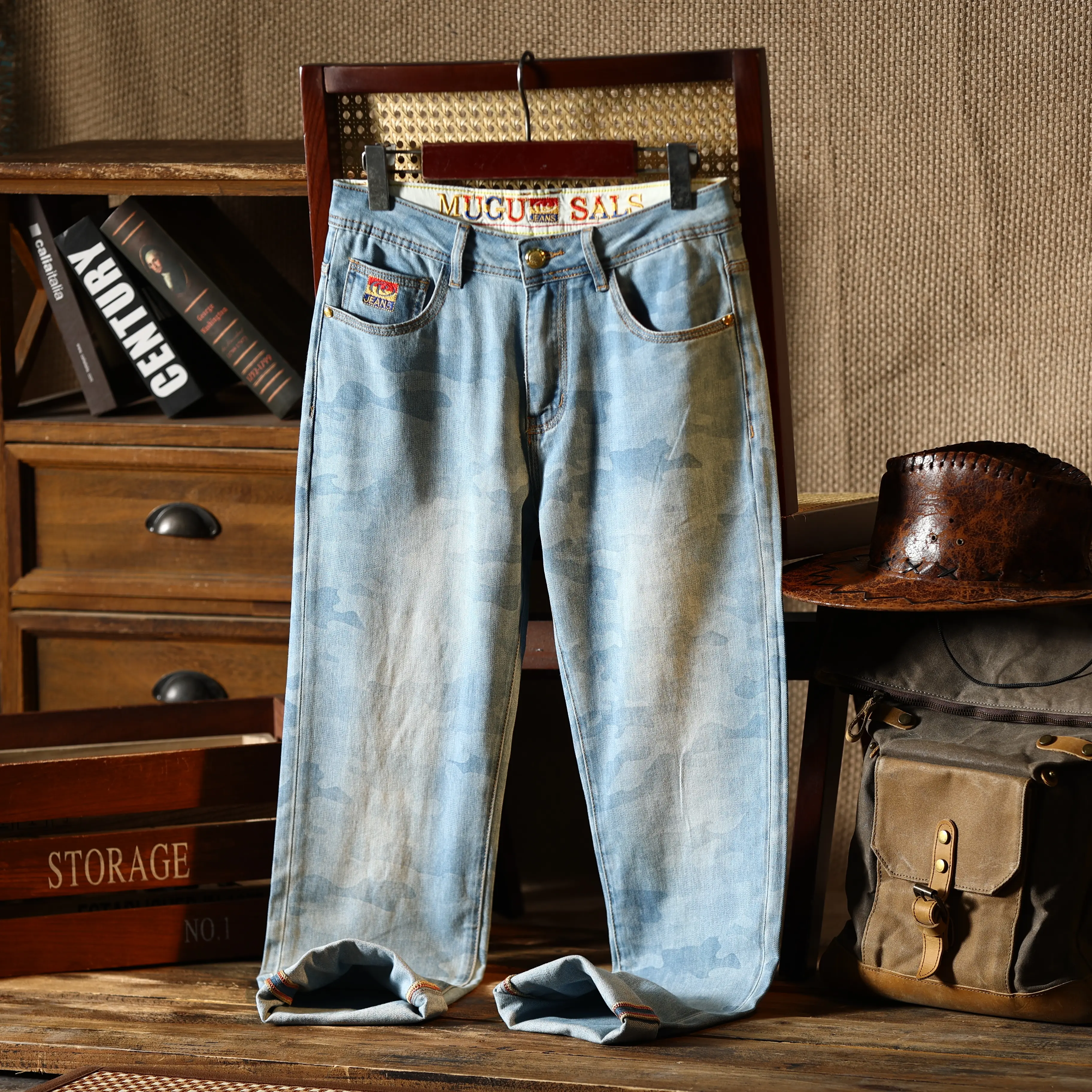 [472] Men Light Camo Washed Loose Jeans Vintage Wide Leg Denim Pants Blue Classic