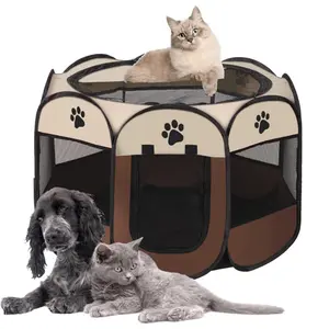 Octagonal Foldable Pet Playpen Tent with Floor – Portable Pop-Up Cat & Dog Kennel, 2 Colors, Indoor & Outdoor Puppy Exercise Pen with Mesh Windows & Zipper Doors (Coffee, Grey) Durable Puppy Playpen
