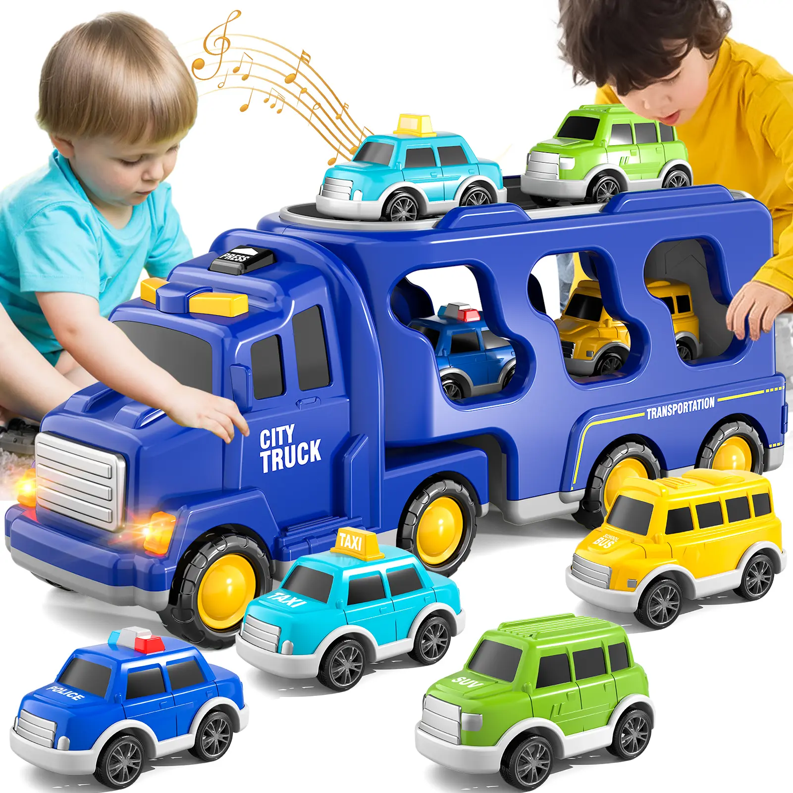 Unisex Transport Theme STEM Science Toy Truck Gift Set for 3-4 Years, BPA-Free Plastic, Sturdy Portable Carrier, Large Storage, 4 Mini Cars, Fun Racing Modes, No Battery Needed