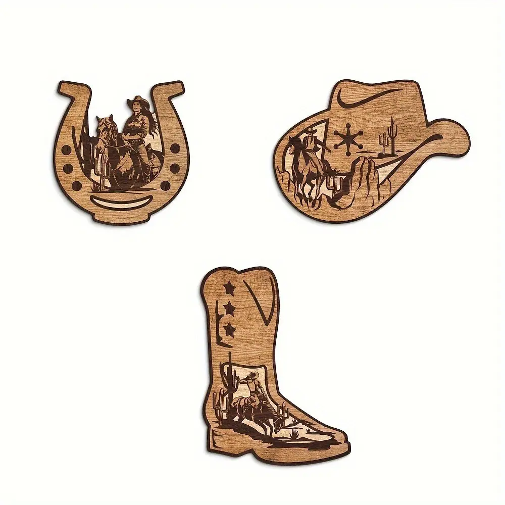 Country Style Wooden Wall Sculpture Set, Home Wall Decor, 3 Pieces Including Horseshoe, Cowboy Hat, Boots, Perfect for Home, Farmhouse, Cafe, Western Theme Art