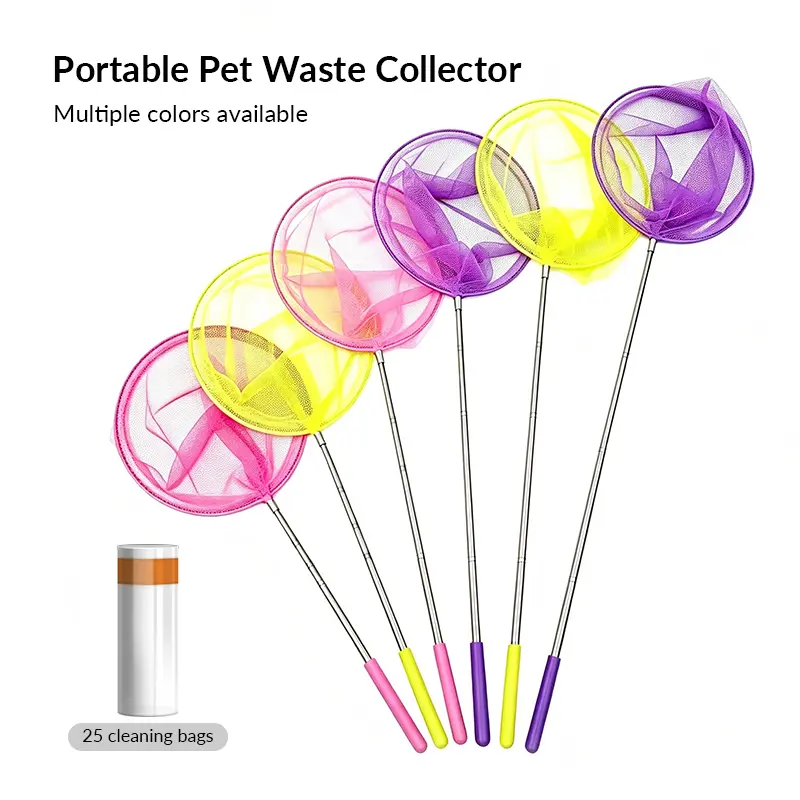 Portable Retractable Pet Pooper Scoop - Telescopic Stainless Steel Pole Net, No-Bend Design for Waist Fatigue Relief, Lightweight, With Disposable Poop Bags, Outdoor Pet Cleaning Supply for Dogs