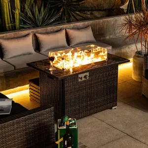 44" Propane Gas Fire Pit Table, 50000 BTU Rectangular Fire Pit, Tile Tabletop with Beautiful Wicker Base for Outside Patio Deck Garden Courtyard