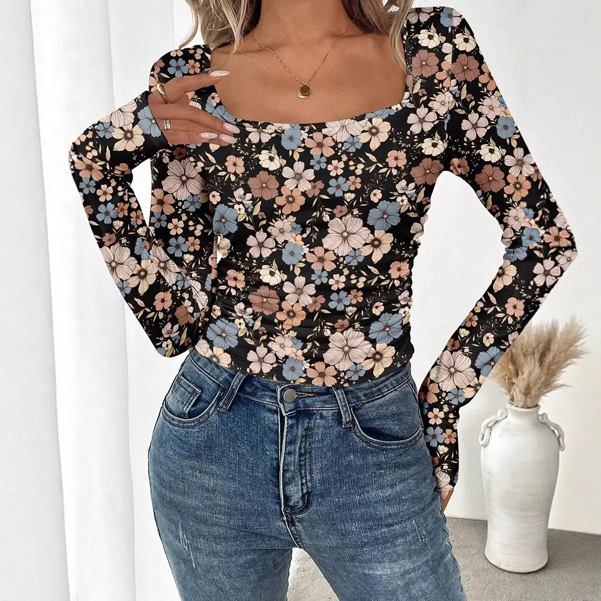 Women's Cheetah Print Mesh Bodysuit, Square Neck Long Sleeve Ruched Slim-Fit Top for Going-Out, Lady, Clothes