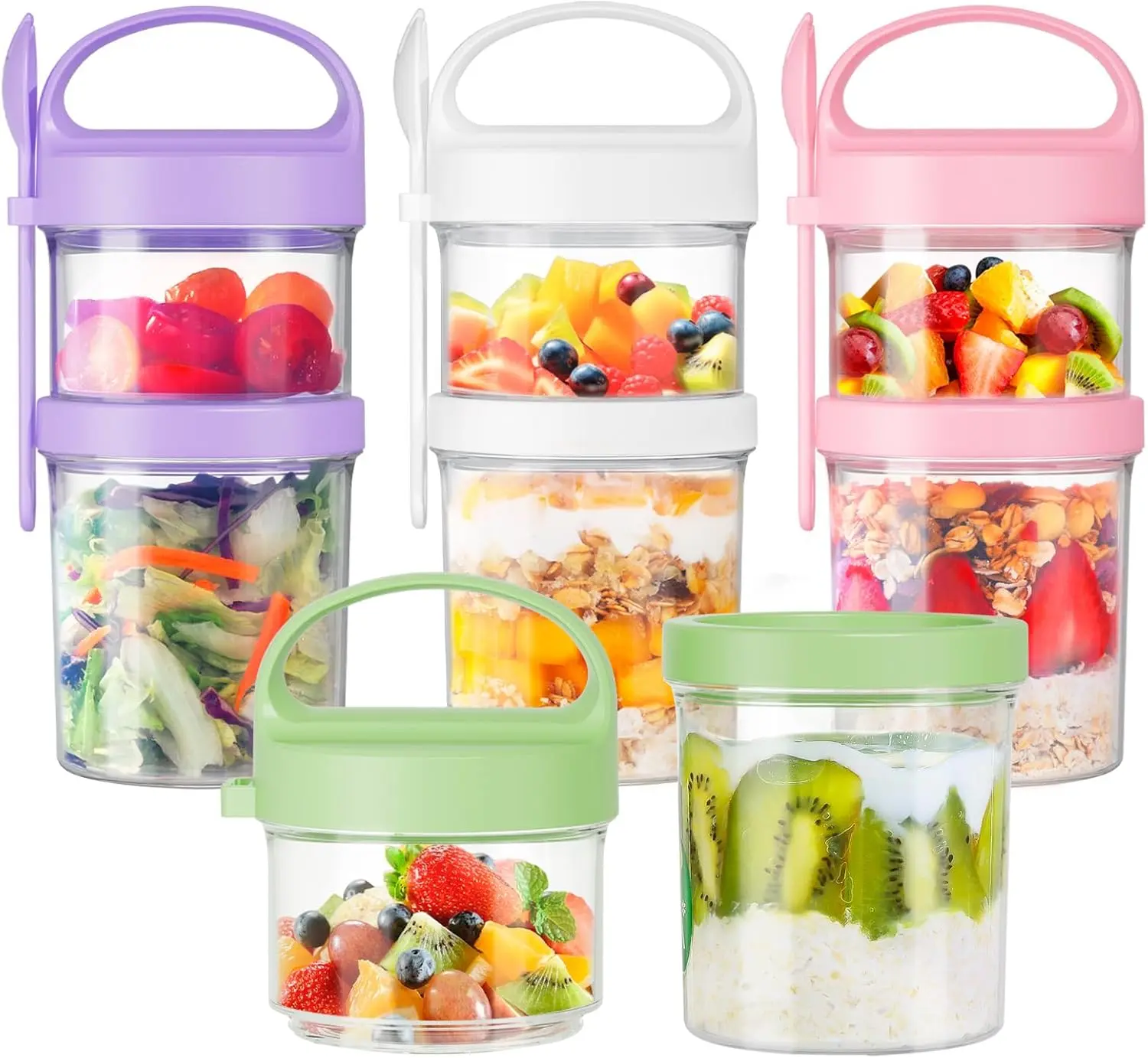 4-Pack 31oz Dual-Layer Reusable Plastic Food Storage Containers with Leak-Proof Kid-Easy Lids & Spoons - Gym On-the-Go Use, Yogurt Parfait Cups, Maintains Freshness, Easy to Use & Clean
