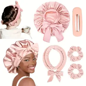 5-piece iron-free curly hair styling set, includes 1 Heat-Free Overnight Curling Iron, 1 Sleep Cap, 1 Clip, and 2 Hair Bands, Suitable for All Hair Types, Creates Perfect Curls, Protects Hair, Soft Velvet Curling Iron, Pink/Coffee/Black, Better Choice