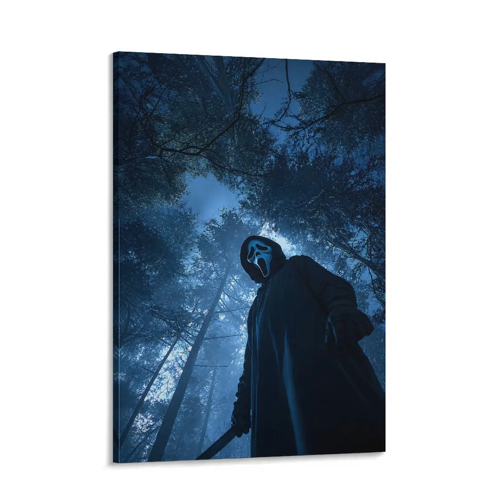 Ghostface Scream Canvas Wall Art – Blue Moonlit Forest Horror Poster, Scary Slasher Decor for Bedroom, Game Room, Man Cave & Halloween