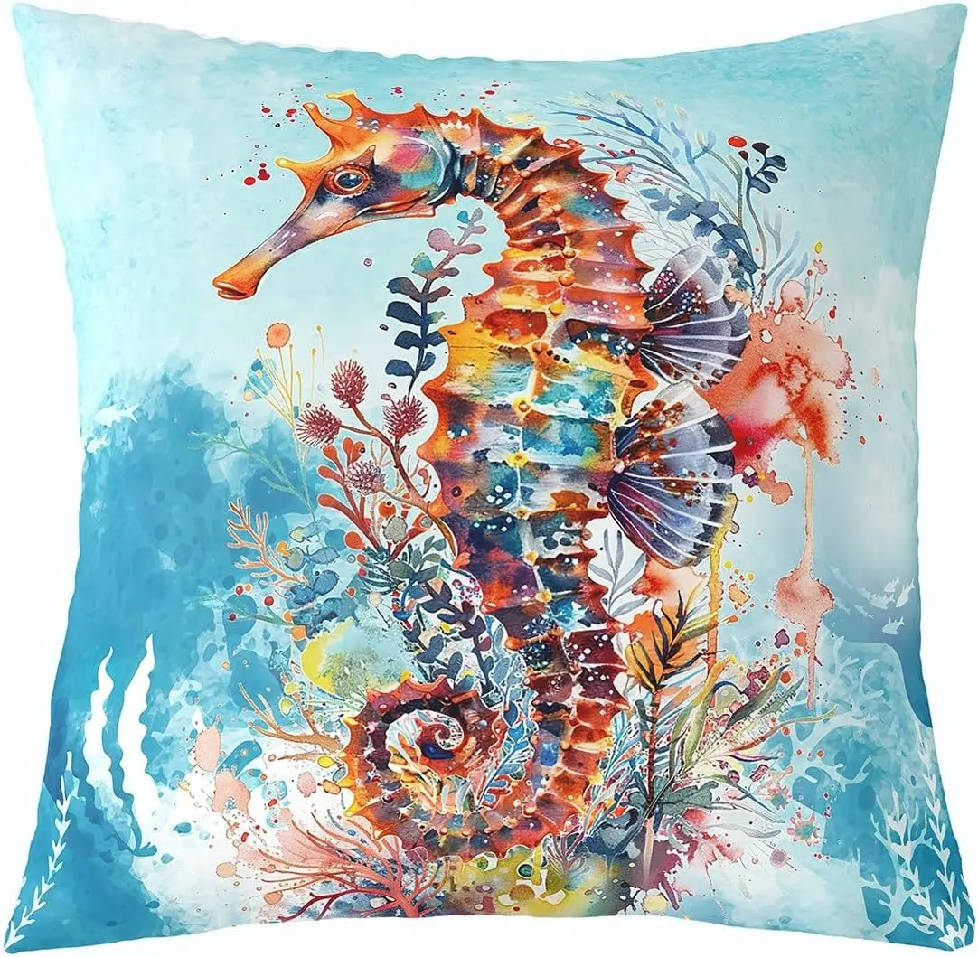 Feelyou 18"x18" 1Pc Organic Spiky Seahorse Throw Pillow Cover, Double-Sided Creative Decorative Cushion Case, Marine Life Ocean Decor, Machine Washable Multicolor Custom Pillow Cover, Ocean Creature
