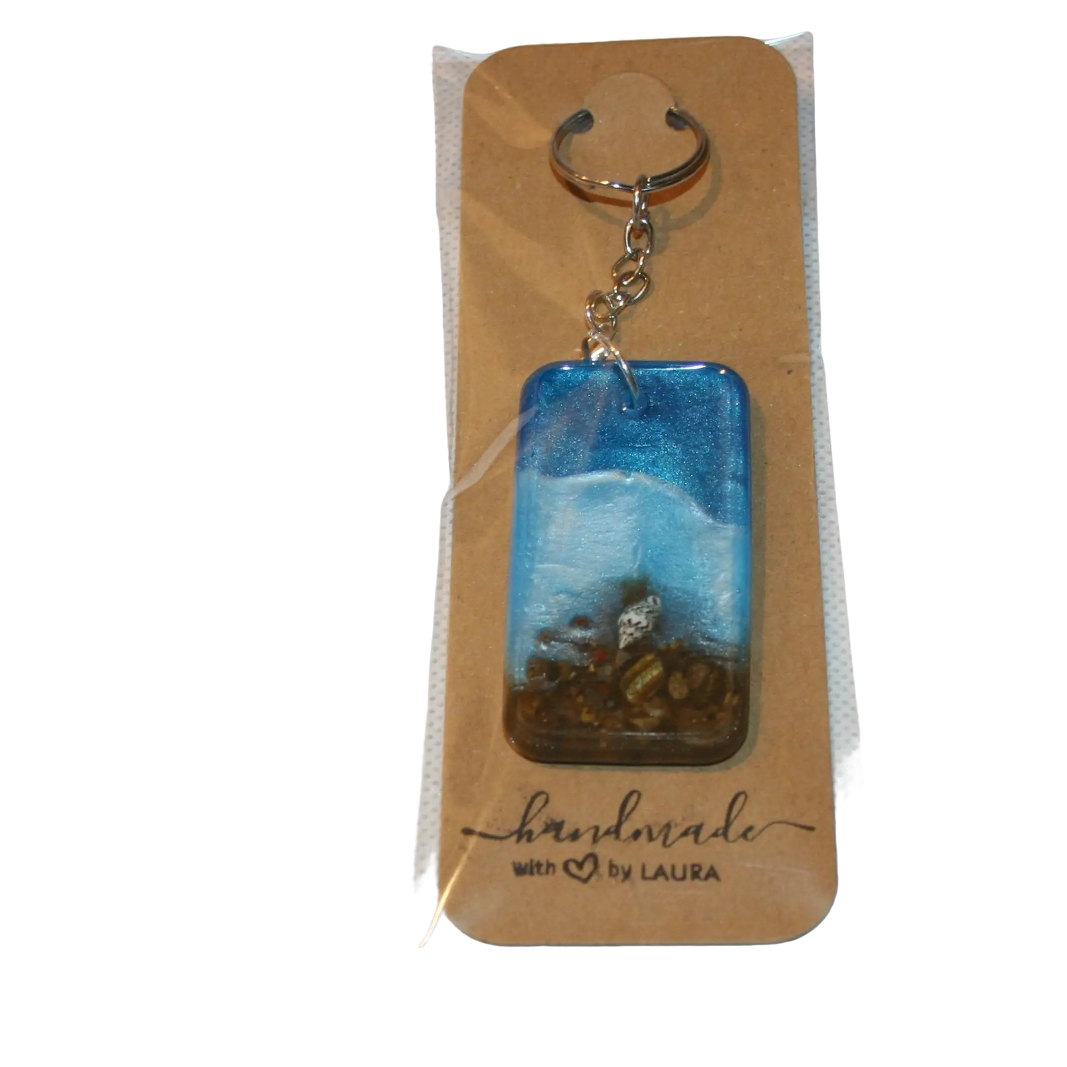 Handmade Resin Beach Scene Keychain Coastal Ocean Sand Shells Purse 2.375 x 1.25