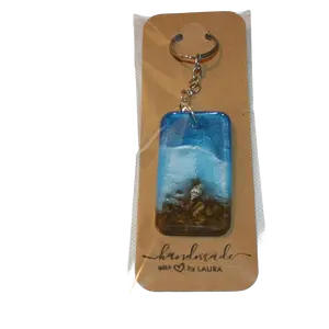 Handmade Resin Beach Scene Keychain Coastal Ocean Sand Shells Purse 2.375 x 1.25