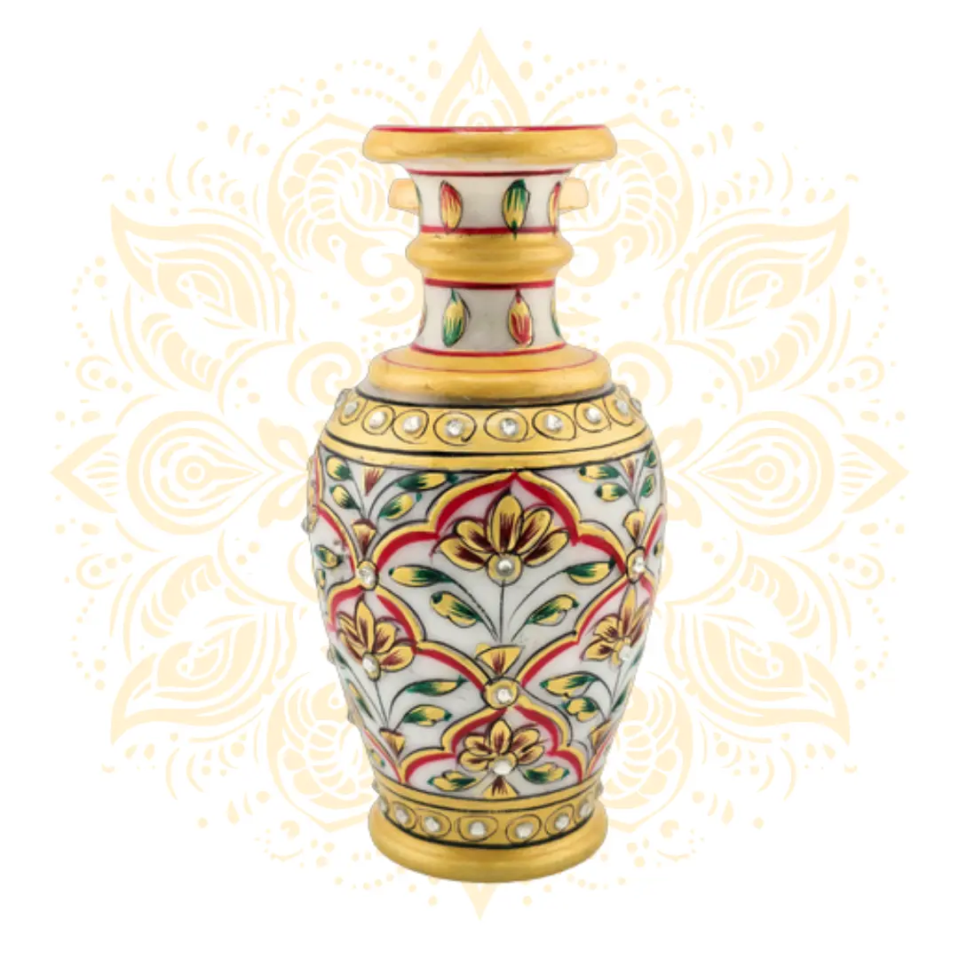 Hand-Painted Marble Vase 6" – Traditional Rajasthani Decorative Vase w/ Gemstone Accents