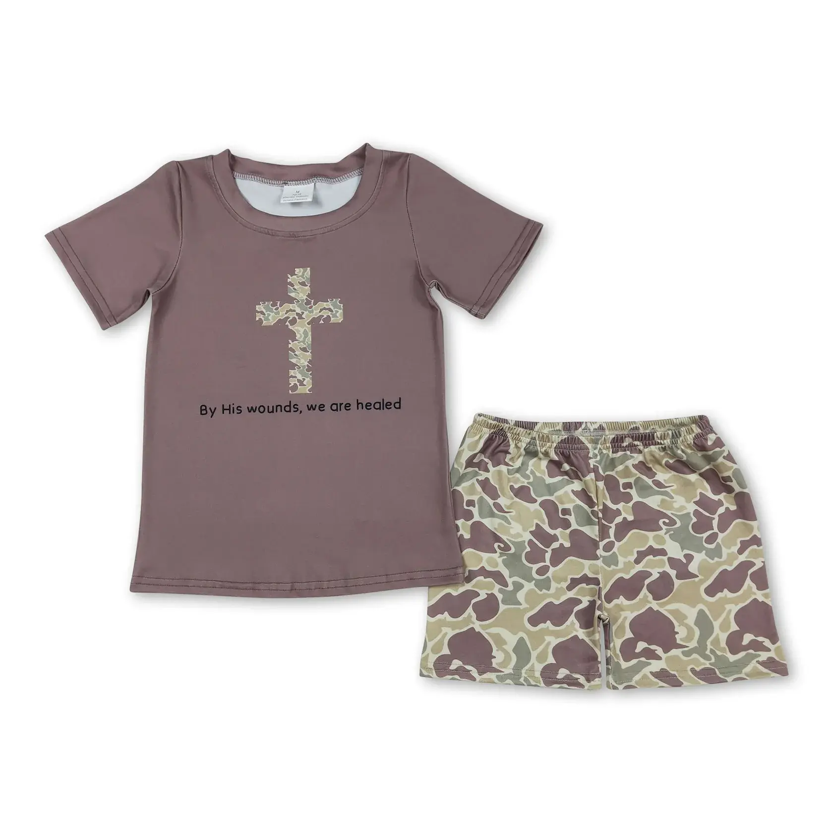 Boys' Easter Camo Cross Print Clothing Set, Casual Camo Suit with Shorts, Adorable Boys' Outfit Set