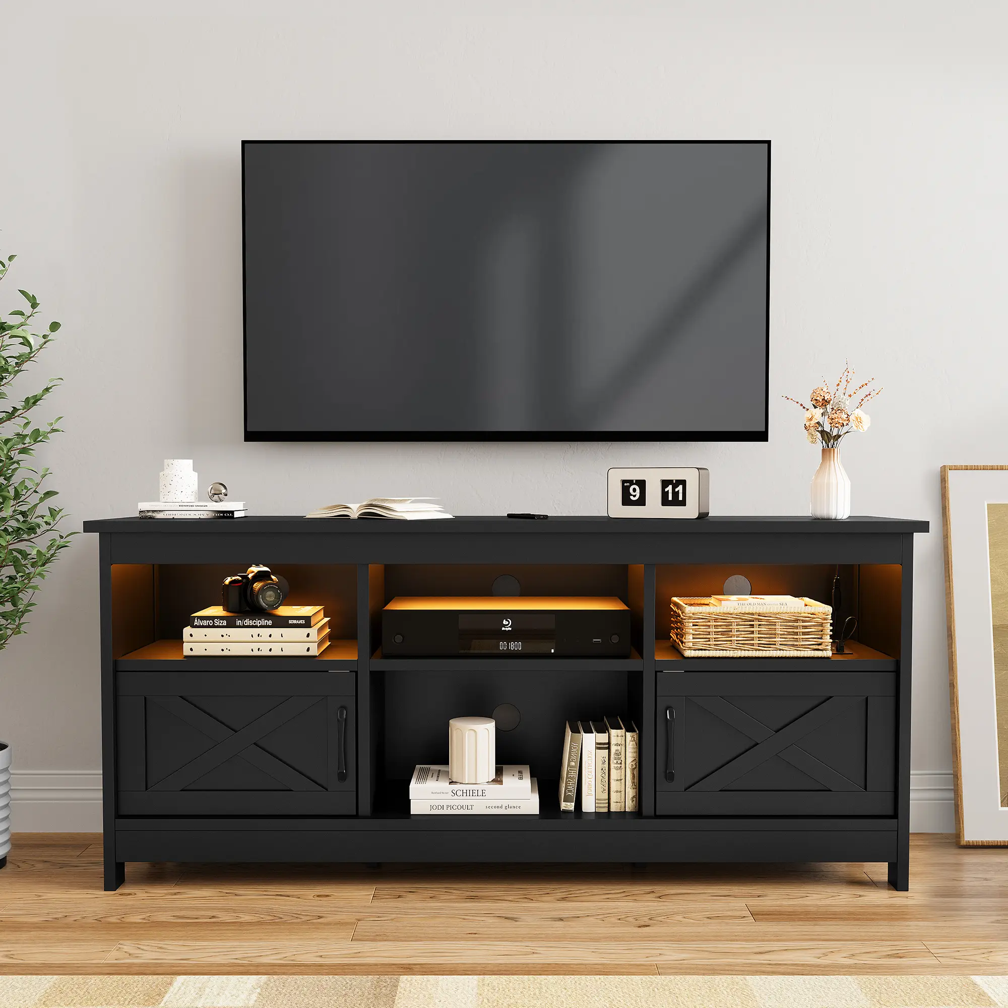 DWVO Farmhouse TV Stand for TVs Up to 65 Inch, Modern Entertainment Centre with Power Outlet, TV Shelf with Storage Cabinet, Television Stands for Liv