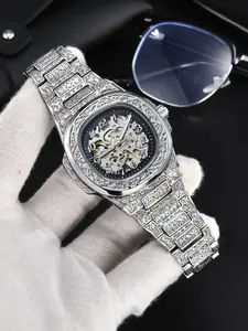 Vintage Engraved Men's Mechanical Watch, Automatic Hollow Core, Waterproof Night Light, Business Style, Fashionable Gift, Trendy All-Season