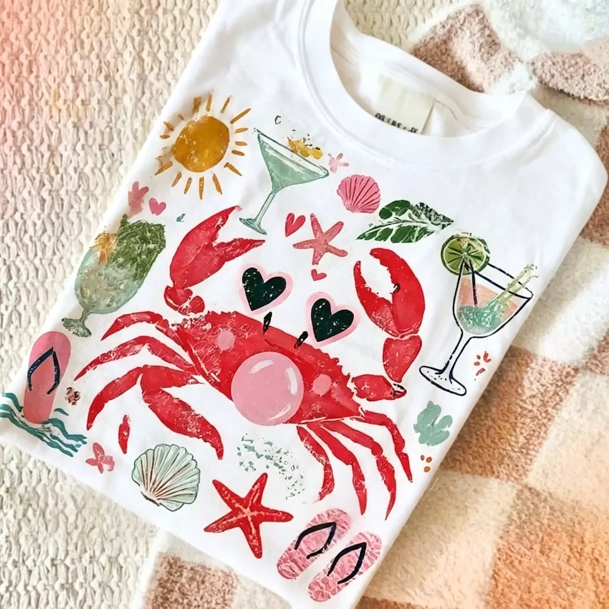 Women's Coastal Crab Print Cotton Twill Sports Top, 3XL Casual Everyday Tops, Soft Short-Sleeve Round-Neck Relaxed-Fit Sporty Chic Summer Streetwear, Digital Art Graphic Tee (Double-Check Sizes)