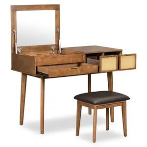 43.3*19.7 Inch Hidden Square Mirror Makeup Vanity Table with PU Stool 3 Drawers Rattan Design Gas Lift Support 175LBS Table 250LBS Stool Solid Wood Legs Easy Assembly Dressing Table