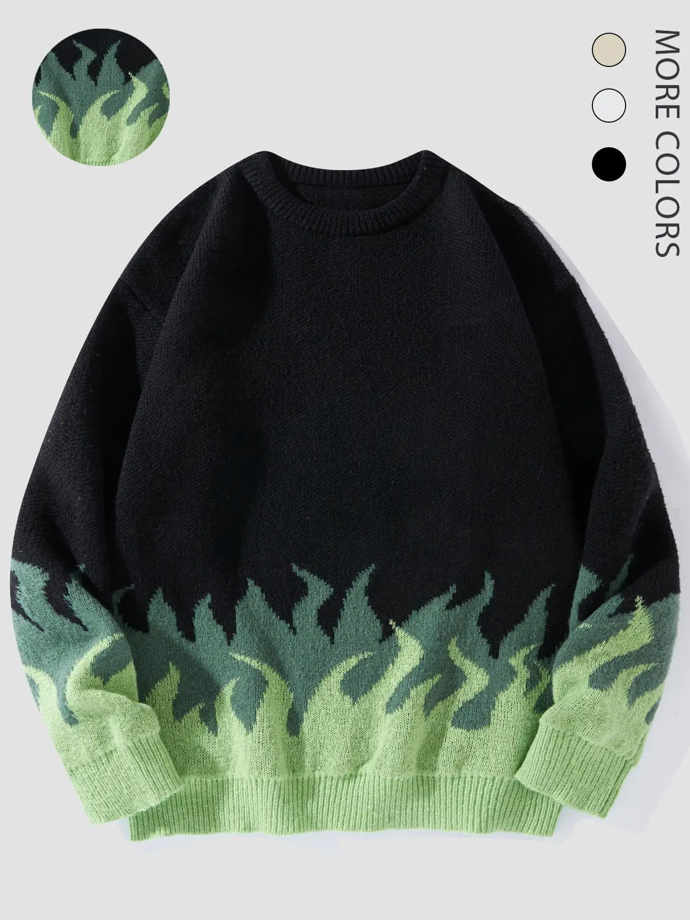 Unisex Men's Fire Print Drop Shoulder Crewneck Sweater, Loose Fit Casual Long Sleeve Round Neck Jumper Knitwear for Fall & Winter, Fall Sweaters, Stre