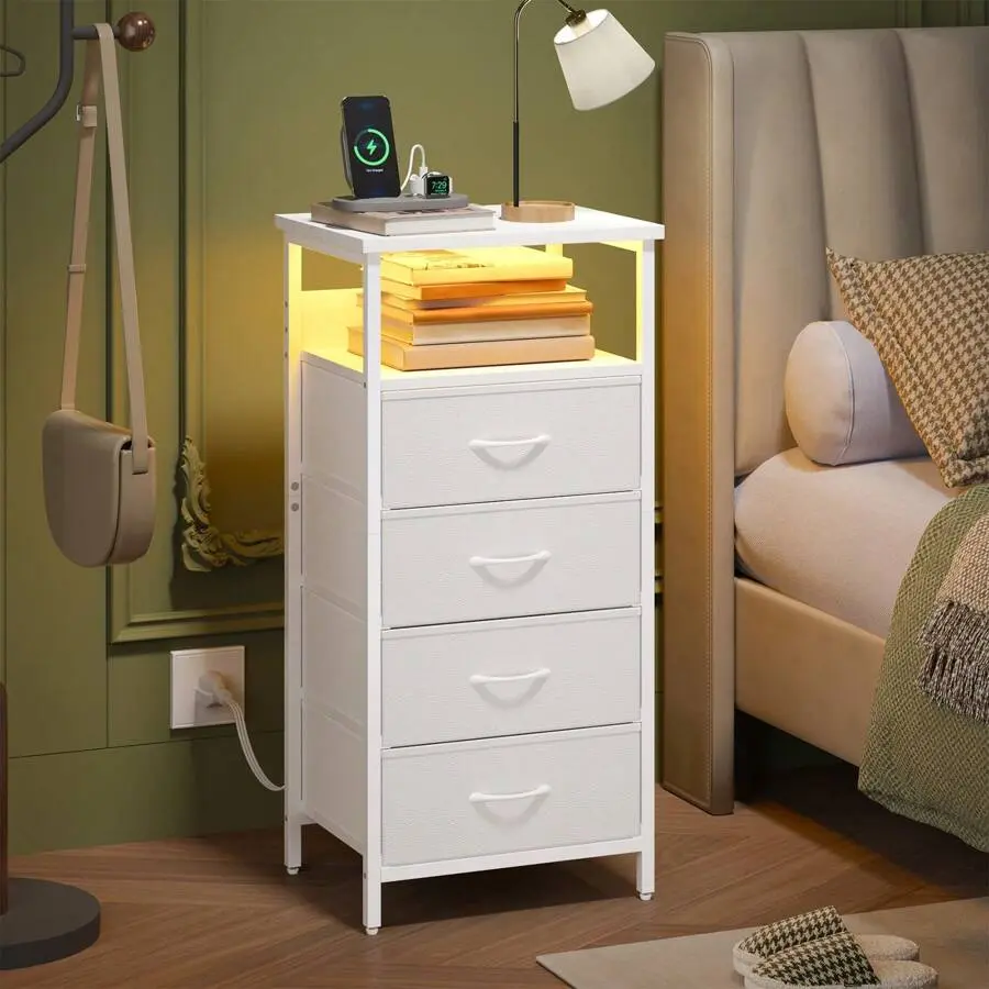 Classic Non-Customized White/Black Nightstand - Indoor Bedroom Side Table Furniture with Charging Station, USB Ports, Outlets, Fabric Storage Drawers, PU Finish, USB Type Plug(110-127V), Adjustable Height