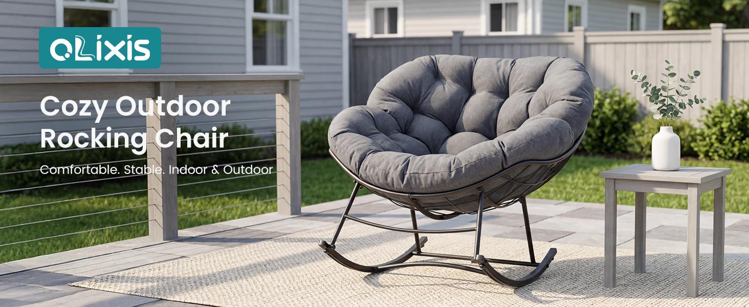 【New】Heavy Duty Outdoor Rocking Chair with Cushion, Oversized Egg Lounge, 450 Lbs All-Weather Glider for Patio, Garden, Living Room