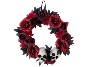 Halloween Skeleton Wreath Red Black Roses Skulls Decor Door Wall 18" Inch Skulls