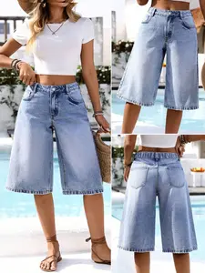 Women's Casual Fashion Denim Solid Wide Leg Mid-Thigh Pants, Loose Fit, Comfortable and Stylish Everyday Jeans for Daily Wear, Perfect for Spring and Fall