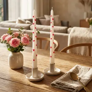 Ember Glow Valentine Taper Candles with Raised Red Hearts Set of 2 10-inch Hand-painted White Wax Fragrance-free for Dining Tables & Seasonal Displays