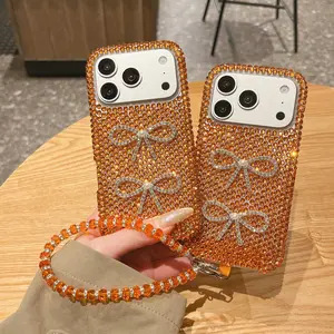 Double Bow Full Diamond Orange Sparkle Phone Case with Crystal Strap for iPhone 14/15/16/17 Pro/Pro Max Scratch-Resistant Luxury Trendy Accessory