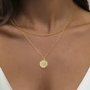 Gold Eight-Pointed Star Pendant Necklace Set Stylish Double-Layer Necklace Two-Piece Exquisite Versatile Jewelry Party Accessory Gift Choice Valentine's Day Present  tennis  necklace Personalized Enamel Oil Drop marshmallow  hat Gold-Plated Figaro Chain a
