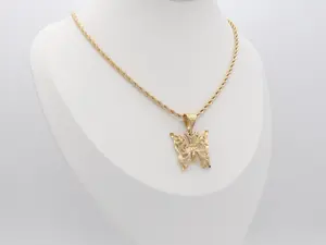 Gold Butterfly Necklace with 3mm Thick Rope Chain for Women 14k Heavy Plated Gold Pendant Lifetime Replacement Guarantee M-L Size