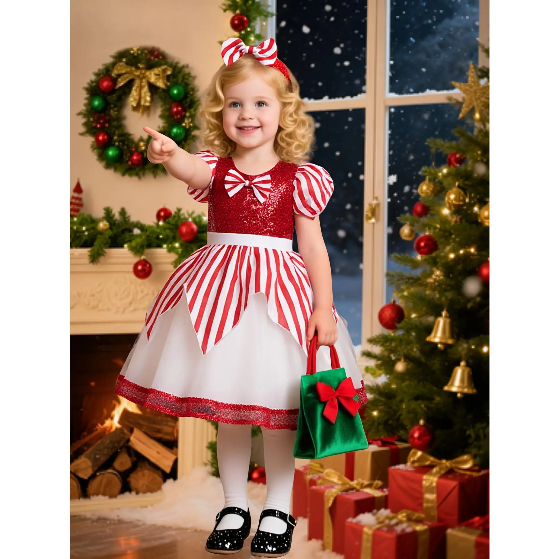 Girls' Red & White Striped Party Dress with Sparkling Bow Detail - Sleeveless A-Line Tulle Skirt, Girls' Red & White Striped Party Dress with Sparkling Bow Detail - Sleeveless A-Line Tulle Skirt,