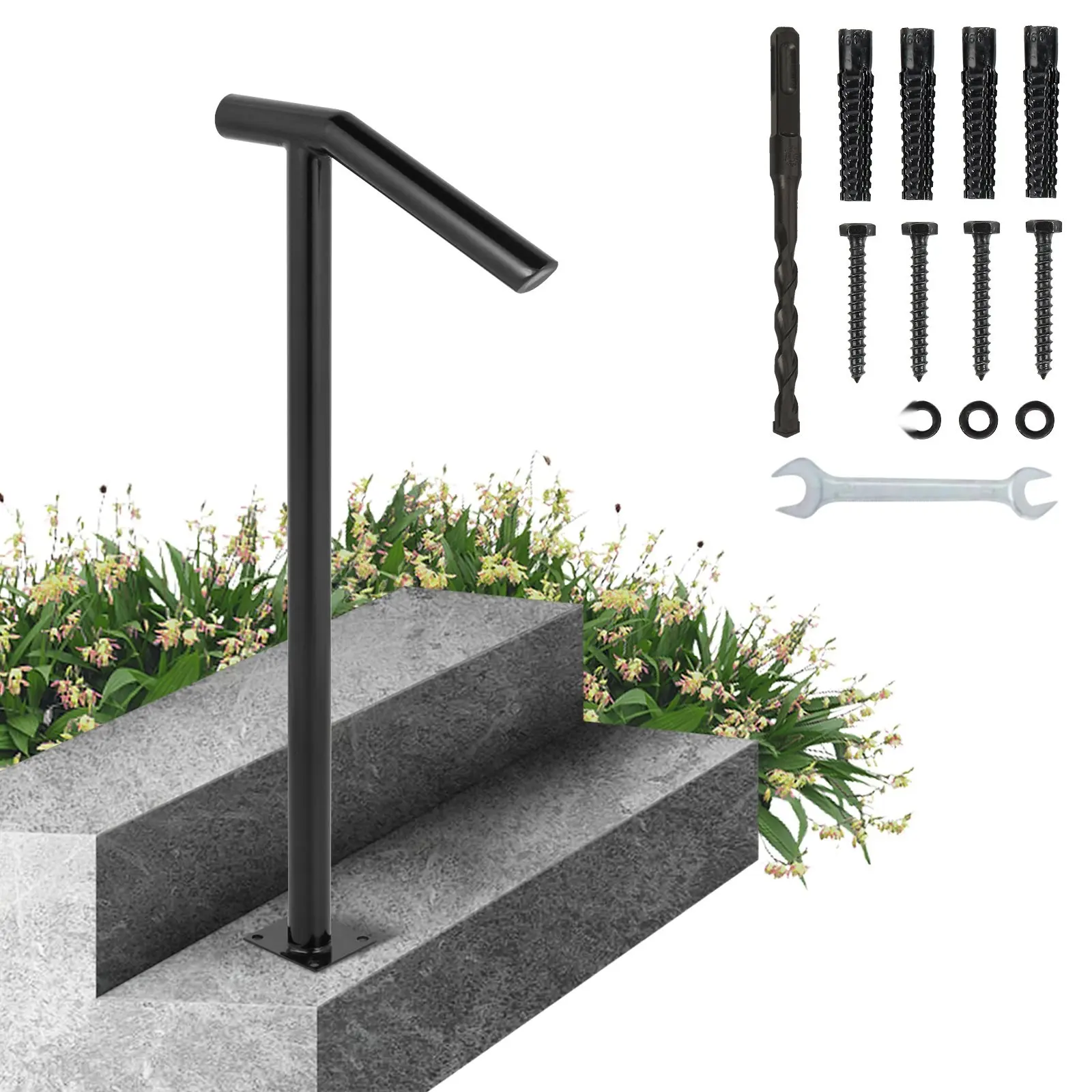 Single Post 1-2 System Black Steel Railing With 441 Lbs Capacity, Baking Varnish Powder Coat, Iron Stairs Handrails For Outdoor Steps, Deck Balcony Guardrail, Includes Expansion Bolts And Drill Bit For Easy Installation