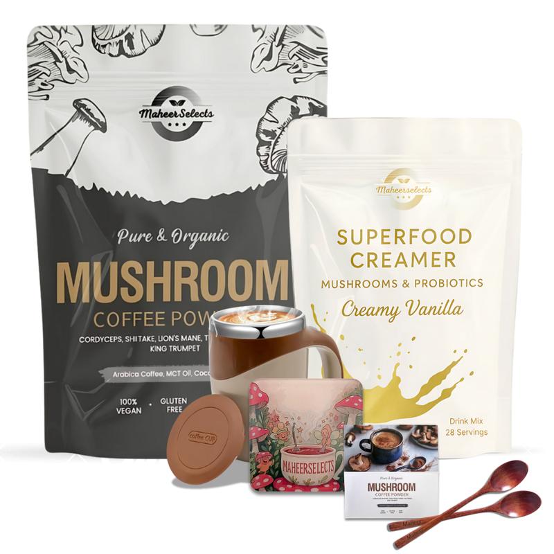 MaheerSelects Premium Mushroom Coffee Powder withbox Complete Coffee Set 100% REAL, USA Grown Instant Coffee for Better Energy, Focus, Digestion, Immunity with Lions Mane & Turkey Tail, 30 servings