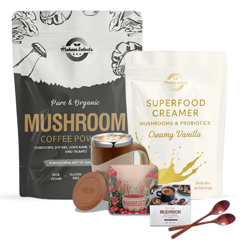 MaheerSelects Premium Mushroom Coffee Powder withbox Complete Coffee Set 100% REAL, USA Grown Instant Coffee for Better Energy, Focus, Digestion, Immunity with Lions Mane & Turkey Tail, 30 servings