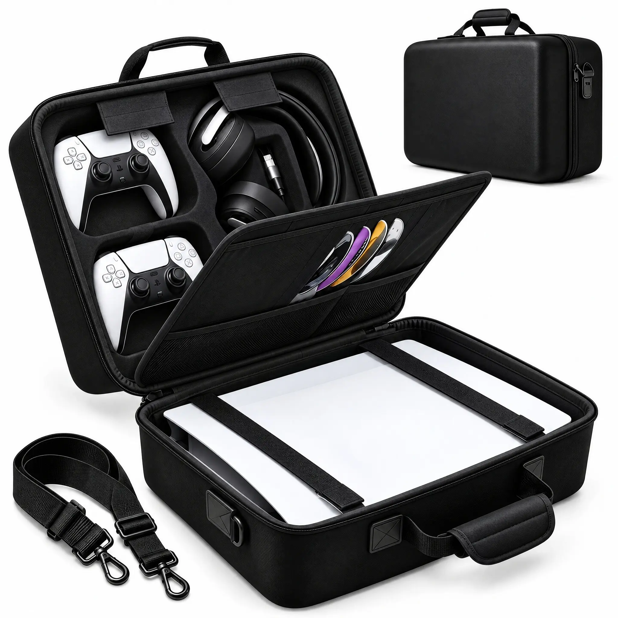 PS5 Compatible EVA Shell Gaming Travel Carrying Case - Large, Scratchproof Storage Bag with Zip Fastener, Adjustable Shoulder Strap for Console, Controller, Headset, Games, Accessories