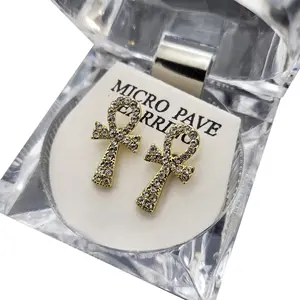 MaxBling81 Unisex Iced Cubic Zirconia Egyptian Ankh Cross Studs Earrings - Gold-Silver Plated Religious Fashion Jewelry, Crystal Case Included, for Daily Wear