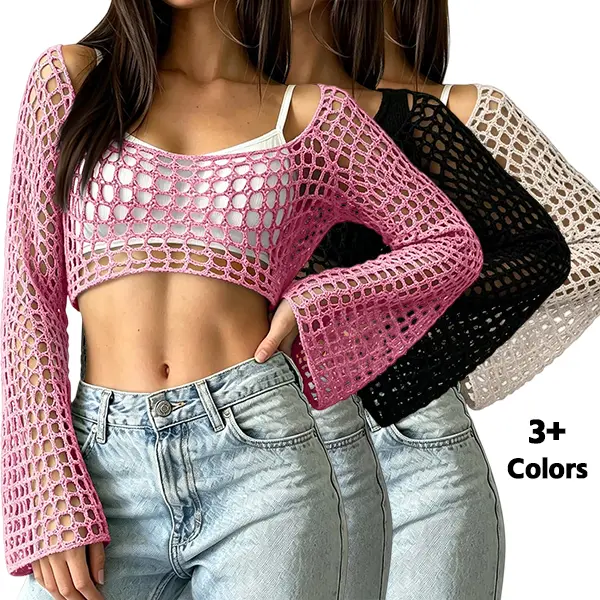 Women’s Y2K-style cropped knit top with openwork mesh, drop-shoulder off-the-shoulder design, sheer long sleeves, available in black, pink, and beige—ideal for everyday wear and outings., Cardigan, Knitwear