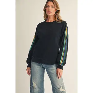 Velvet Tape Trim Accent Washed Sweatshirts - Soft Fitted Long Sleeve Crew Neck Casual Autumn Tops for Women