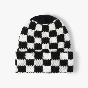 Checkered Chunky Knit Beanie Black