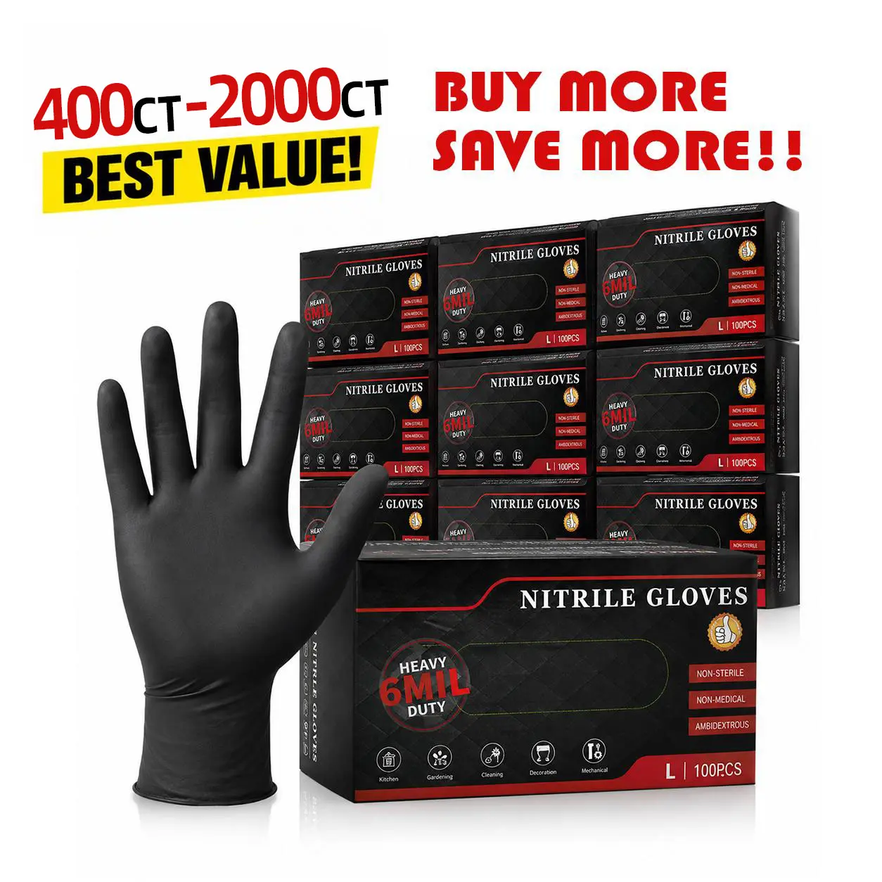 6 Mil Black Nitrile Gloves Bulk Pack, 400ct, 500ct, 600ct, 800ct, 1000ct, 2000ct, Heavy Duty Disposable Gloves, Latex Free & Powder Free, Food Safe for Cleaning, BBQ, Cooking, Automotive & Tattoo