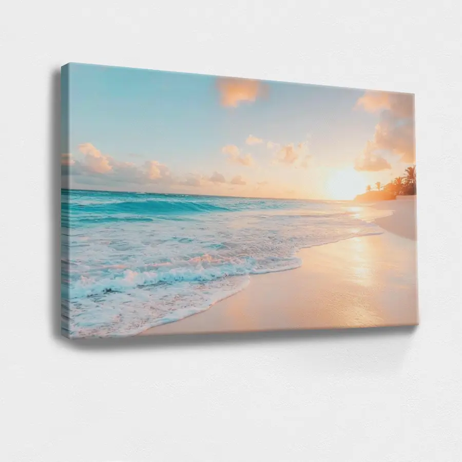 Wood Framed Canvas Art - Blue Modern Impressionist Nature Print, Artistic Beach Sunset Ocean Waves Wall Decor, 1pc Living Room Poster for Artist Gifts