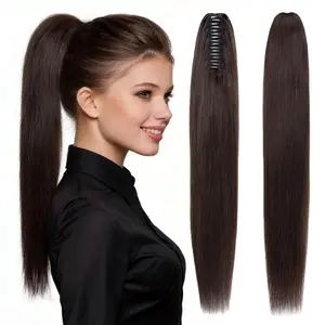 Human Hair Claw Clip in Ponytail Extension Short Straight Pony Tail Hair Extension Hairpiece for Women#02 Dark Brown Remy Hair Ponytail Extensions with Jaw Claw,14 Inch