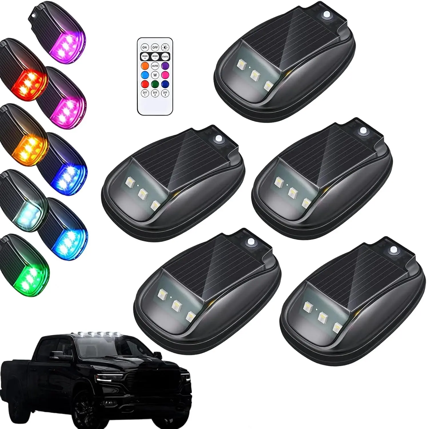 5 PCS Wireless Solar Cab Lights for Truck,No Drill Cab Roof Top Marker RGB Lights with 8-Color,Cab Clearance Lights for Truck,Solar-Powered LED Marker Lights for Jeep Pickup SUV Men Women Dad Gifts