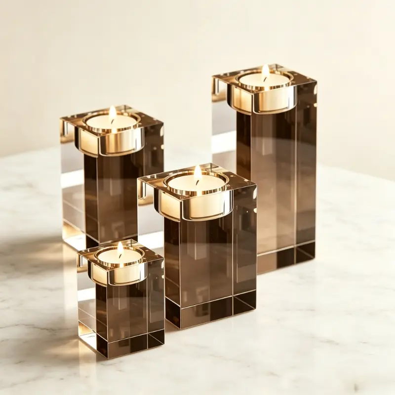 Amber Glass Tealight Candle Holders for Table Centerpiece, Modern Home Decor Candle Holder for Dining Room, Fireplace & Coffee Table, Thanksgiving Christmas Gift for Mom, Wife, Women, Friends & Family