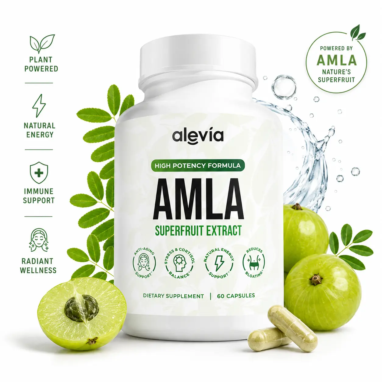Alevia Amla Superfruit Extract 1000mg, Indian Gooseberry Capsules, Antioxidant Nutritional Support, Daily Fruit Supplement, 60 Capsules