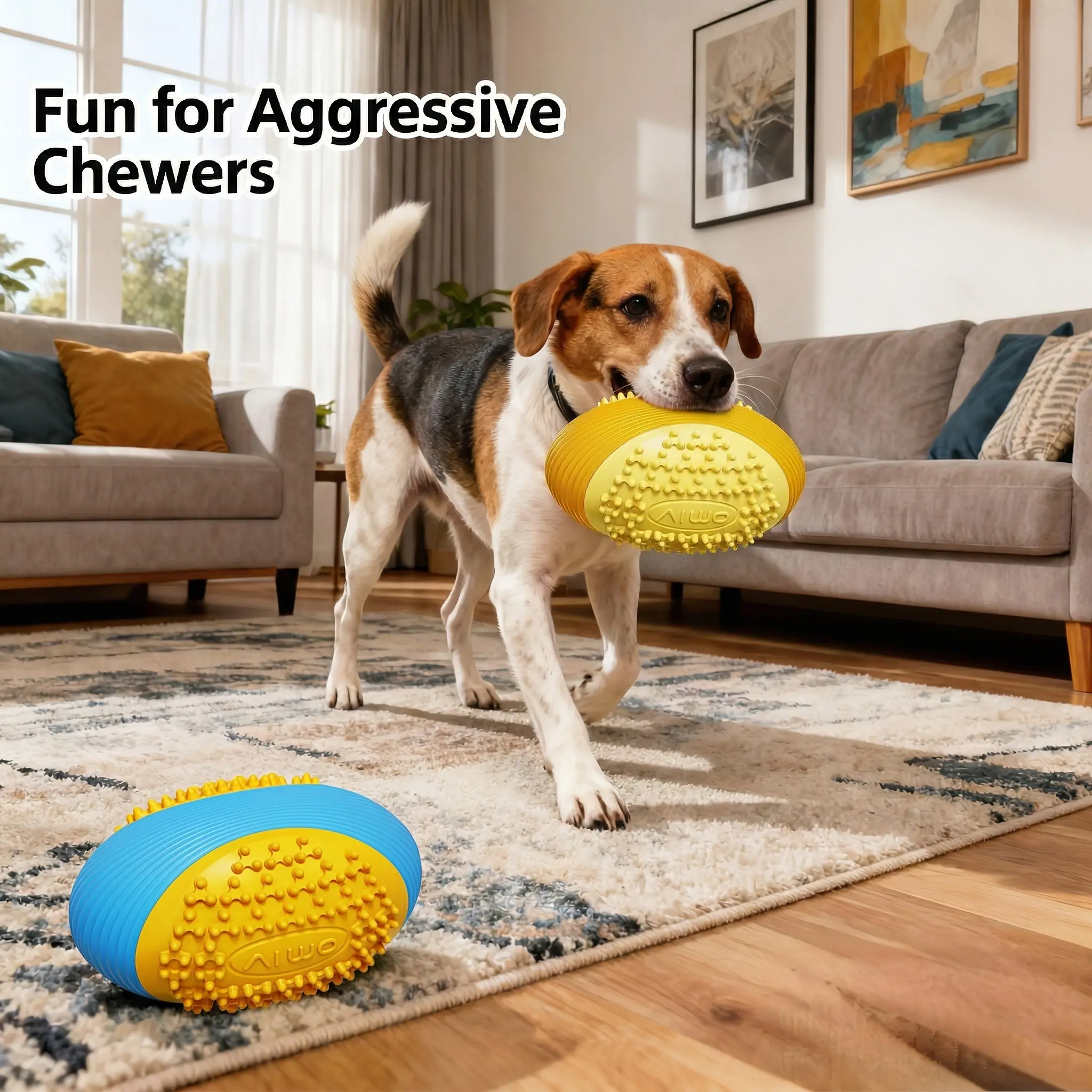 Indestructible Squeaky TPR Dog Rugby Ball - Tough Chew Item for Large & Medium Aggressive Chewers, Interactive Water-Resistant Pet Accessory