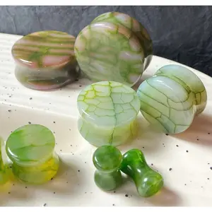 PAIR Green Dragons Vein Agate Stone Double Flare Plugs Organic Earlets Gauges