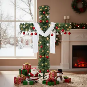 SmileSpree 6FT Cross Christmas Tree with 100 LED Lights & White Silk Scarf, Premium PVC Branches, Stable Metal Base, Easy Assembly, Ideal for Church, Home, & Outdoor Holiday Display