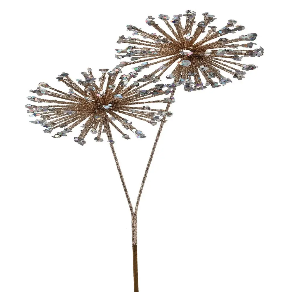 24" Platinum Glitter Sequin Double Starburst Ball Spray – Festive Christmas Floral Pick