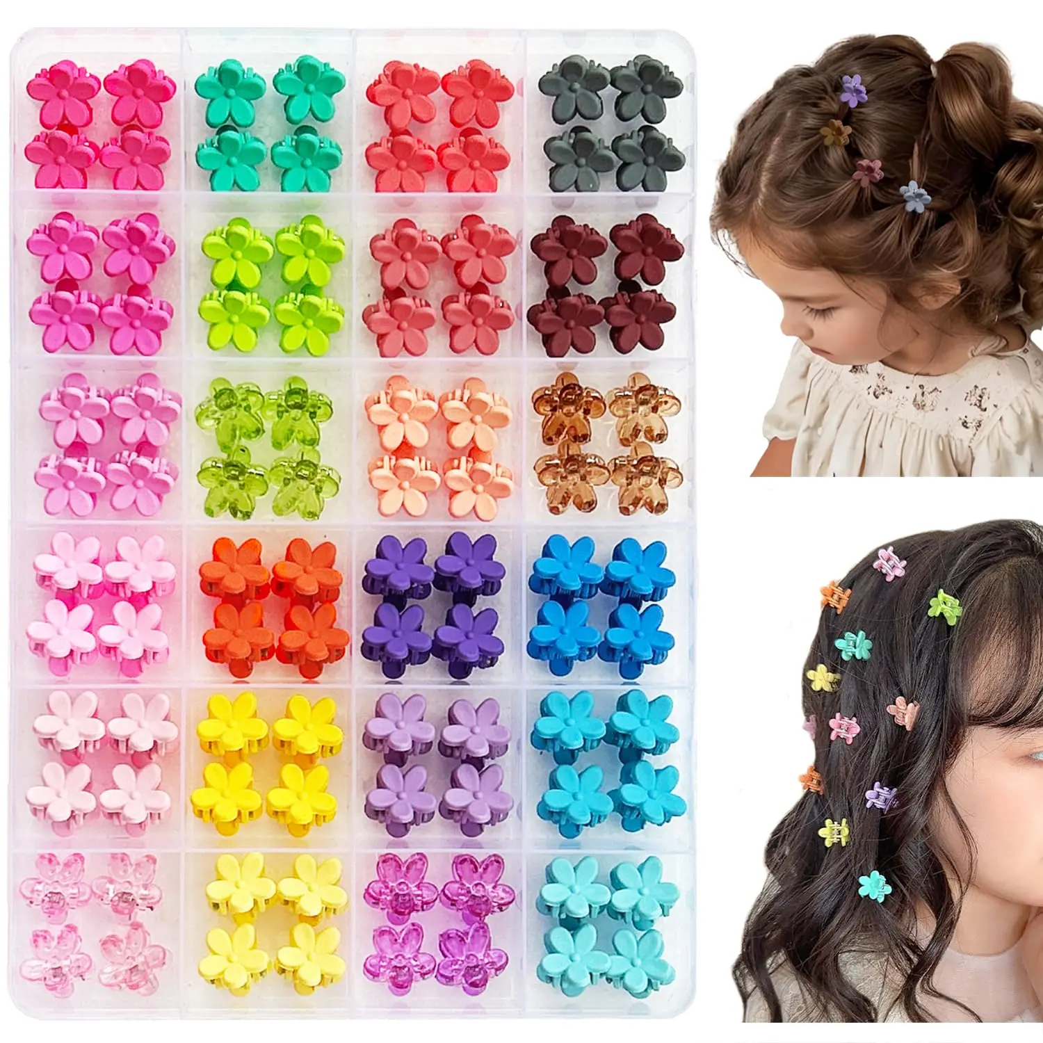 Girls' Hair Clips Hair Accessories Sets - 96-Count Mini Flower Claw Clips, 24 Multicolors, Packaged in Organizer Box, Flower Shape, 0.5 In, Multicolored Set