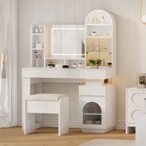 Arched Vanity Desk with Mirror and Lights, White Makeup Vanity Table with 3 Drawers and 11 Storage Shelves, Large Dressing Table with Outlet, Light Strip & Vanity Stool for Bedroom