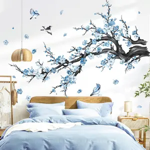 Blue Flower Branch Wall Decals Watercolor Blossom Floral Tree Branches Wall Stickers Living Room Bedroom Sofa TV Background Wall Decor